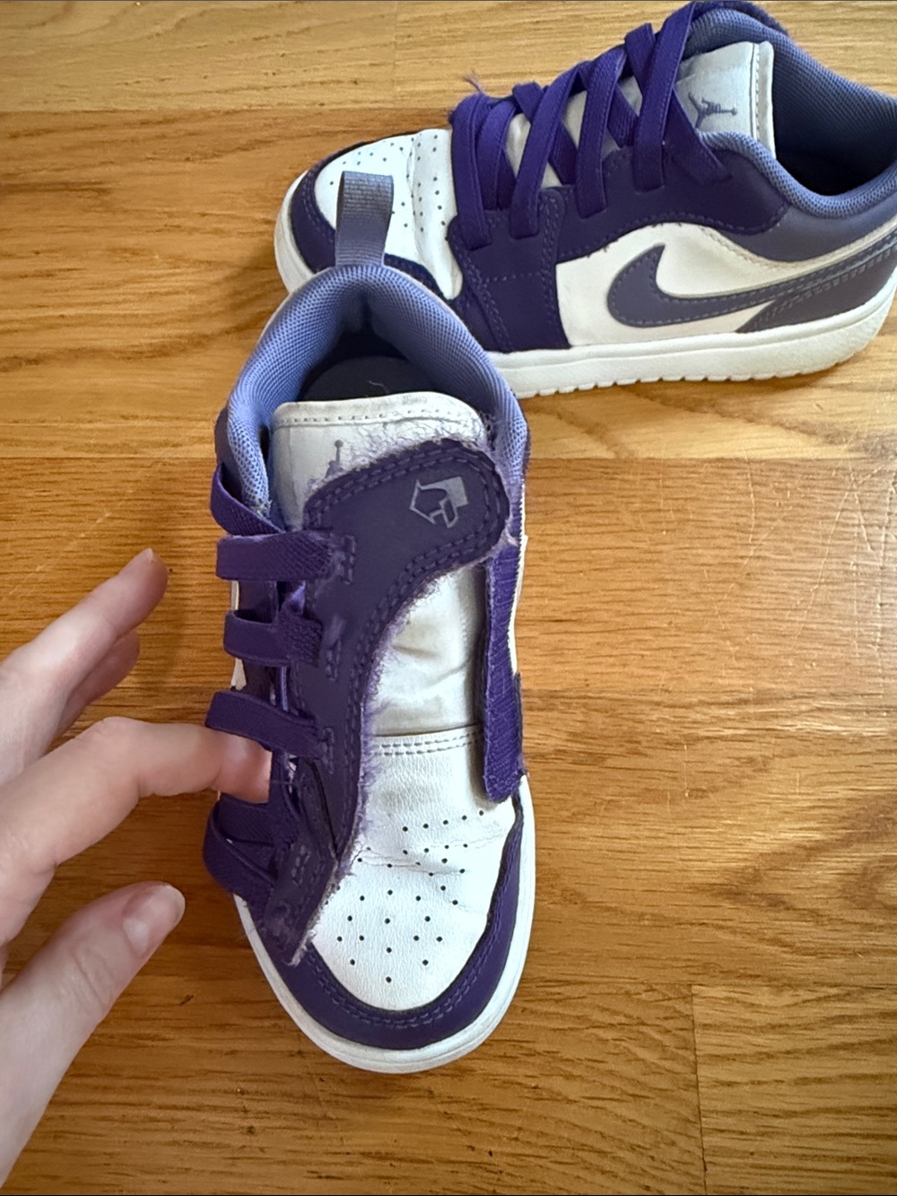 Air Jordan Low Dunks, Kids Purple and White Sneakers - Picture 3 of 6